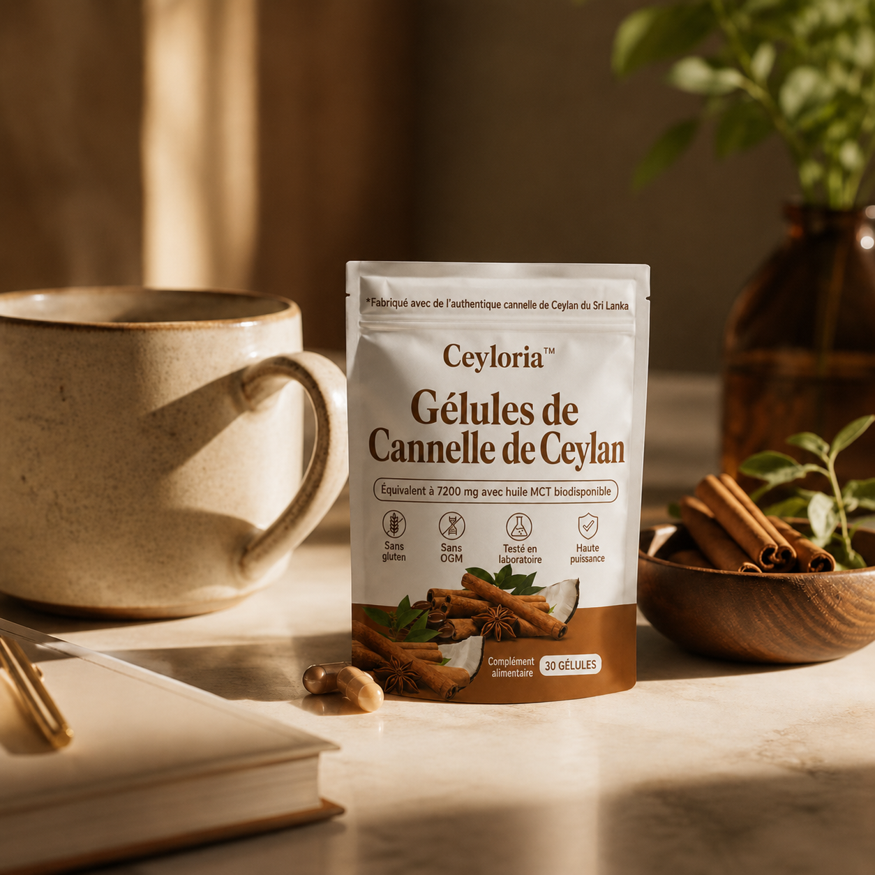 Routine quotidienne avec le flacon de gélules Ceyloria