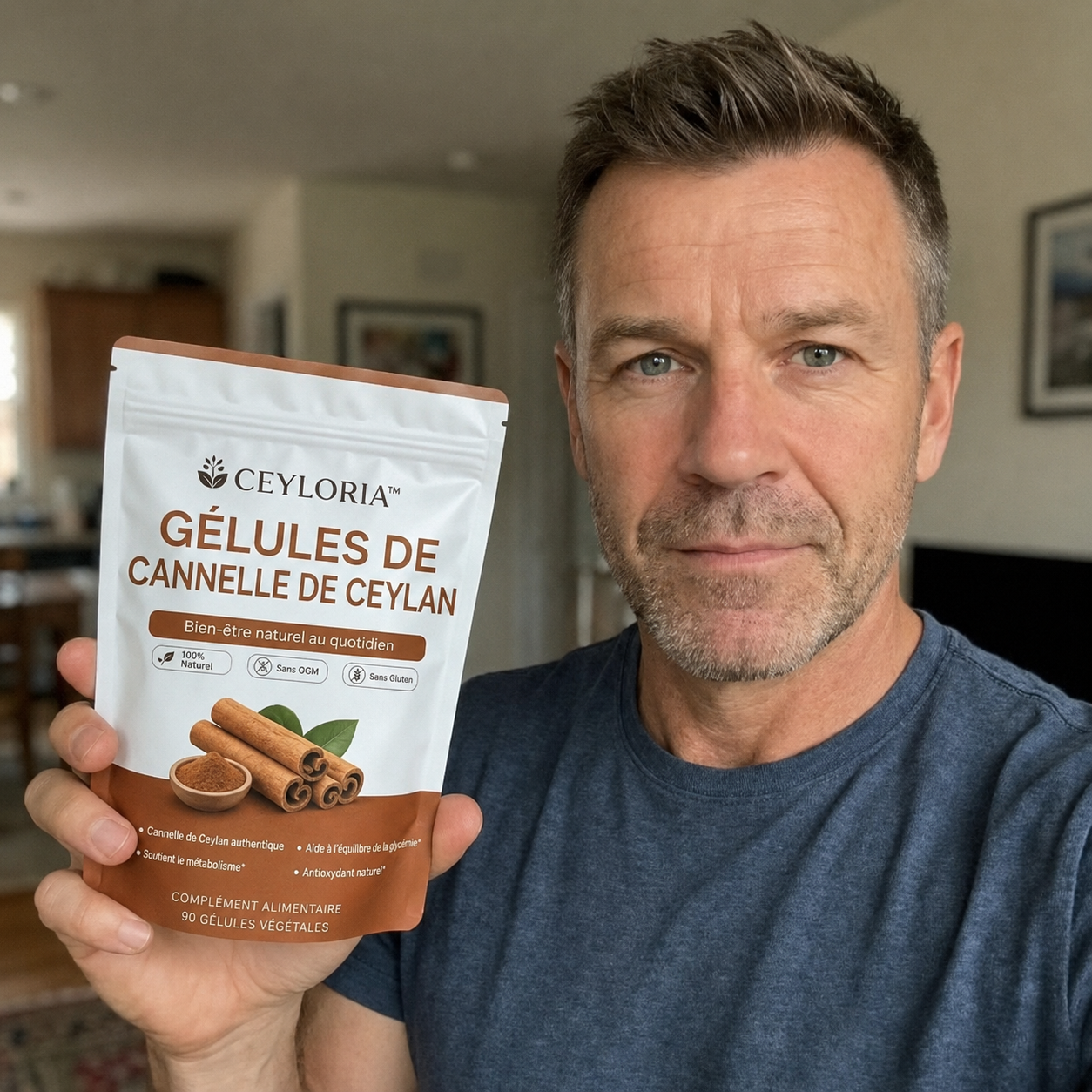 Homme présentant son sachet Ceyloria cannelle de Ceylan