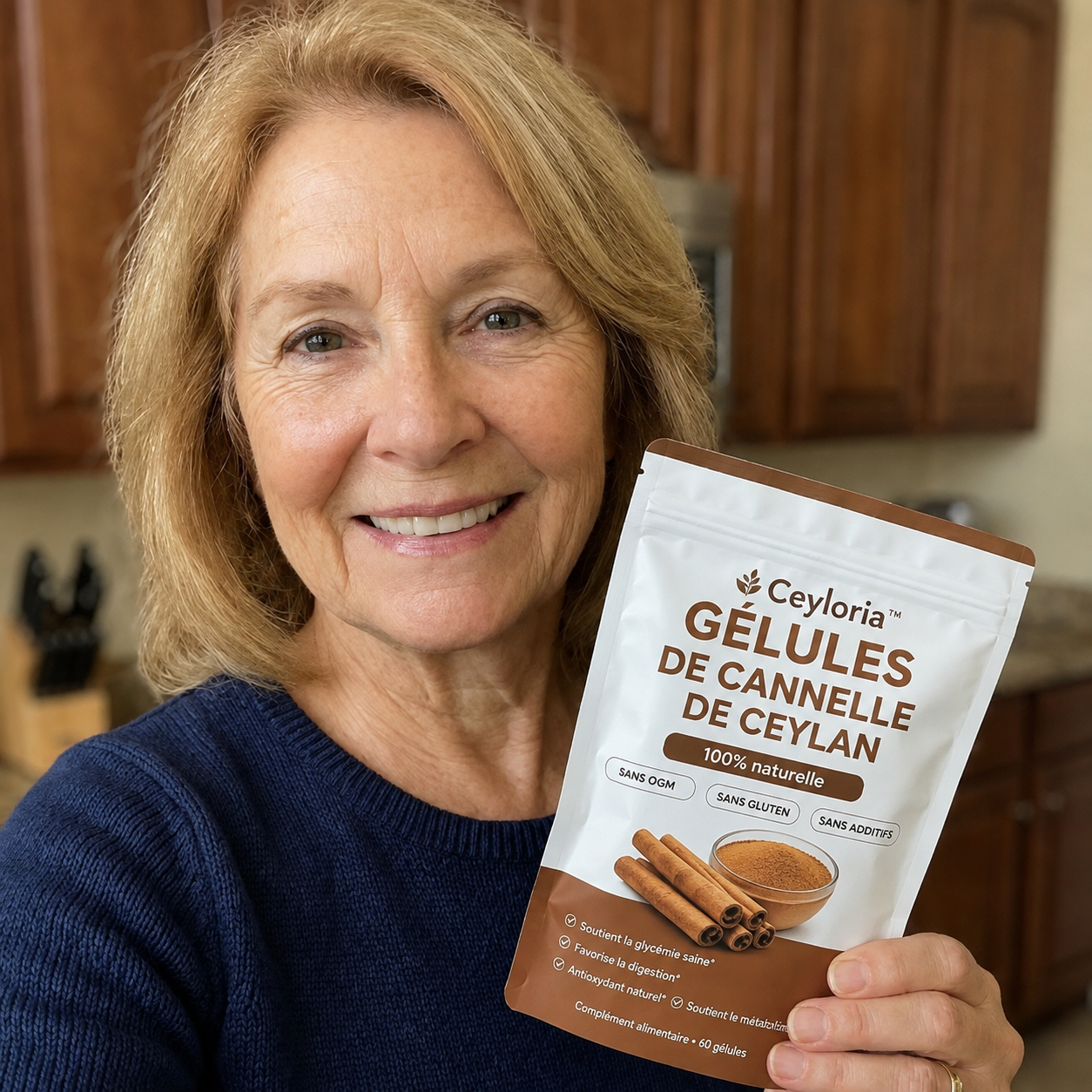 Cliente satisfaite avec ses gélules Ceyloria en cuisine