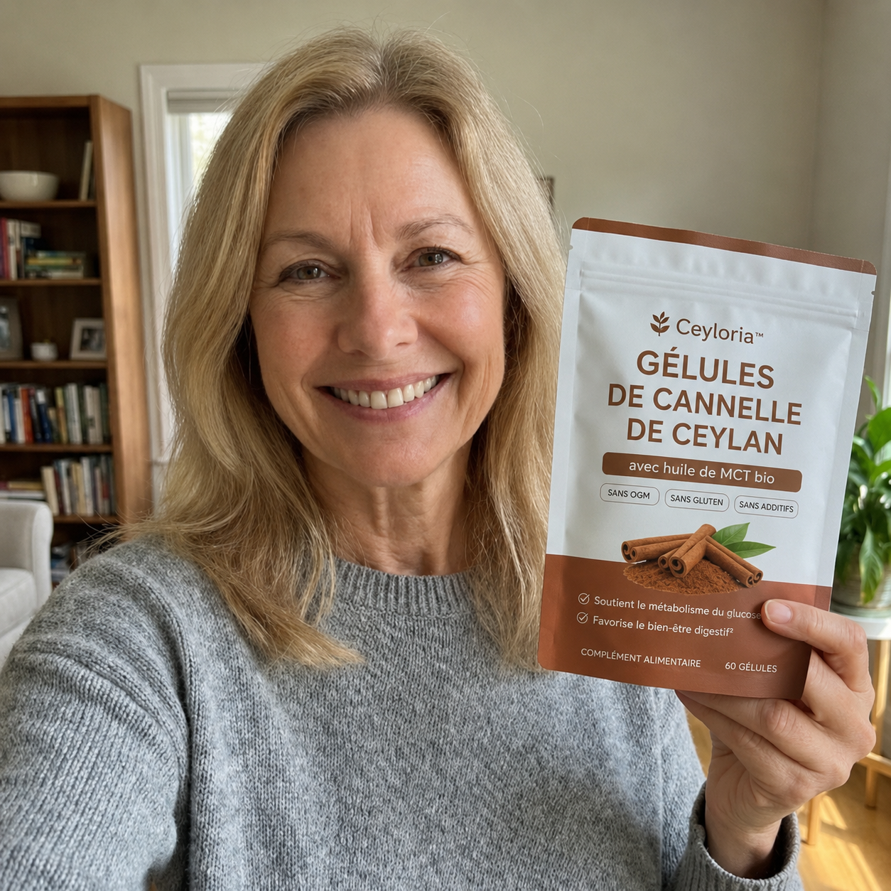 Cliente tenant son sachet Ceyloria gélules de cannelle de Ceylan